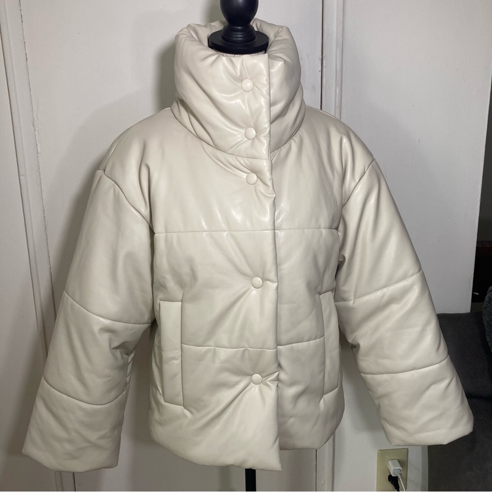 Faux Leather Cream Puffer Jacket High Neck Funnel Neck Coat - Picture 5 of 17